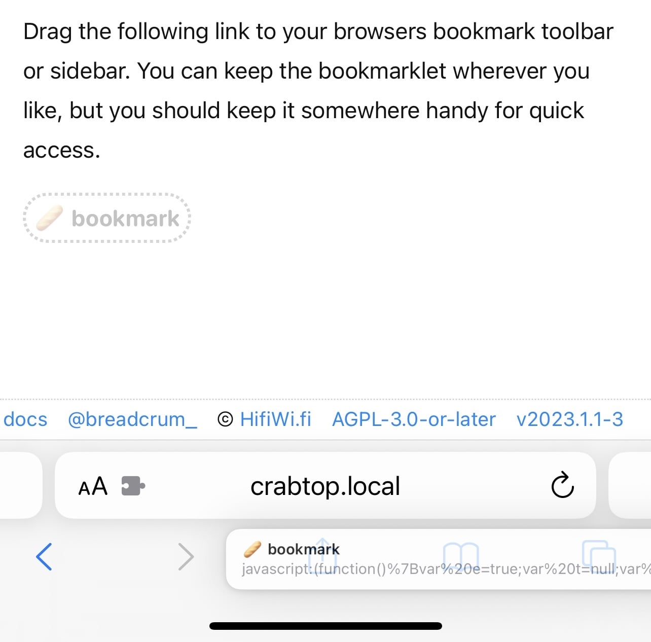 Dragging bookmarklet to the iOS safari bookmark button