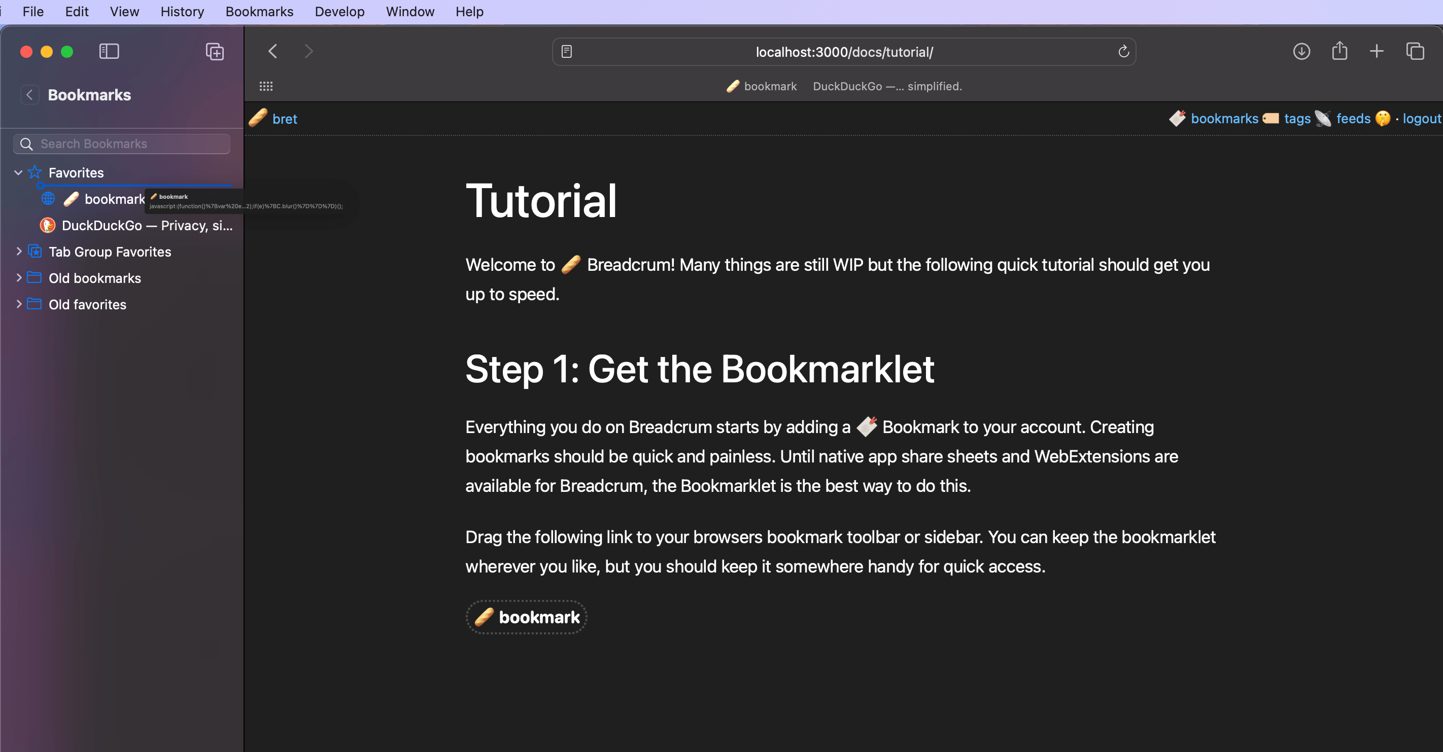 Dragging bookmarklet to the safari sidebar